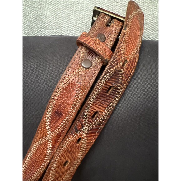 Wood Turquoise Brass Inlay Landscape Buckle Lizard  Belt Hippie Vtg Sky West 34 - Picture 11 of 11